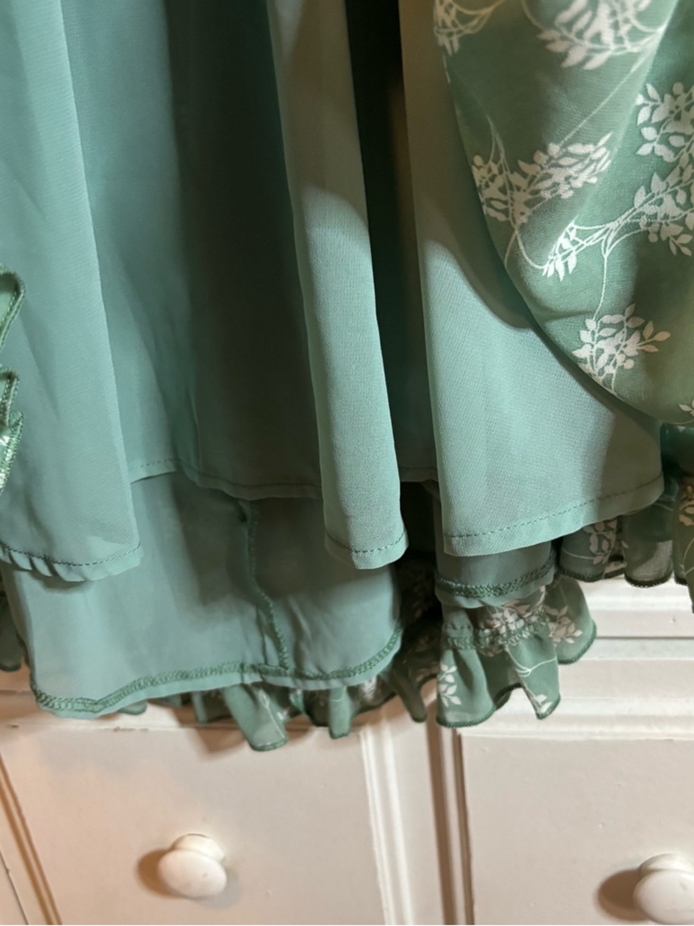 Aura Floral Ruffle Mini Dress Sage Green Boho Open Back Long Sleeve Large - Picture 6 of 15